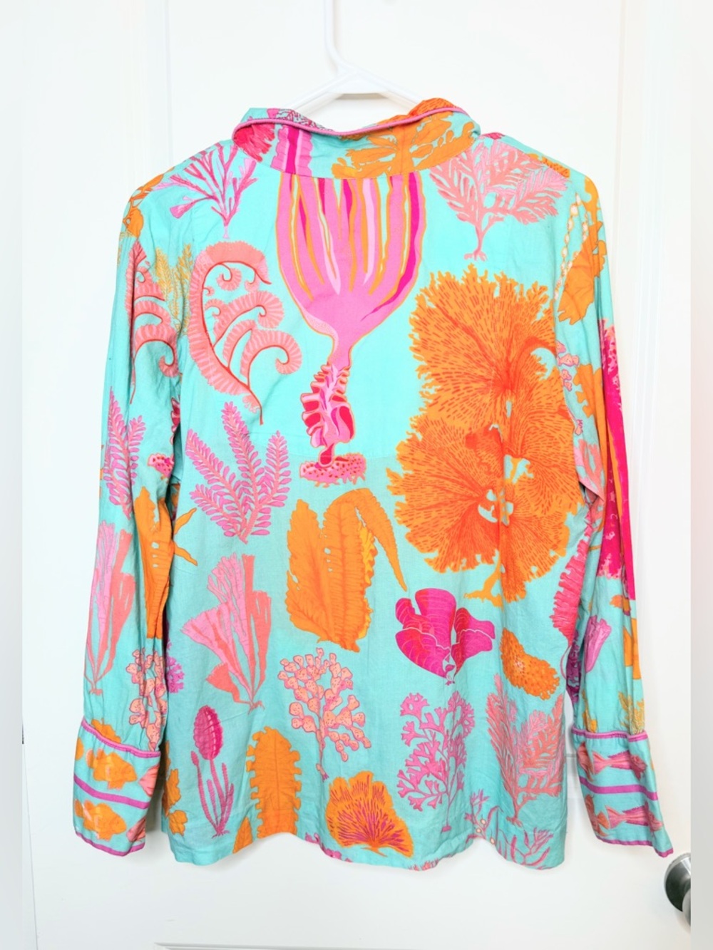 Gretchen Scott 2 Pc Set XL Aqua Pink Orange Coastal Print Top Pants Resort - Picture 6 of 11